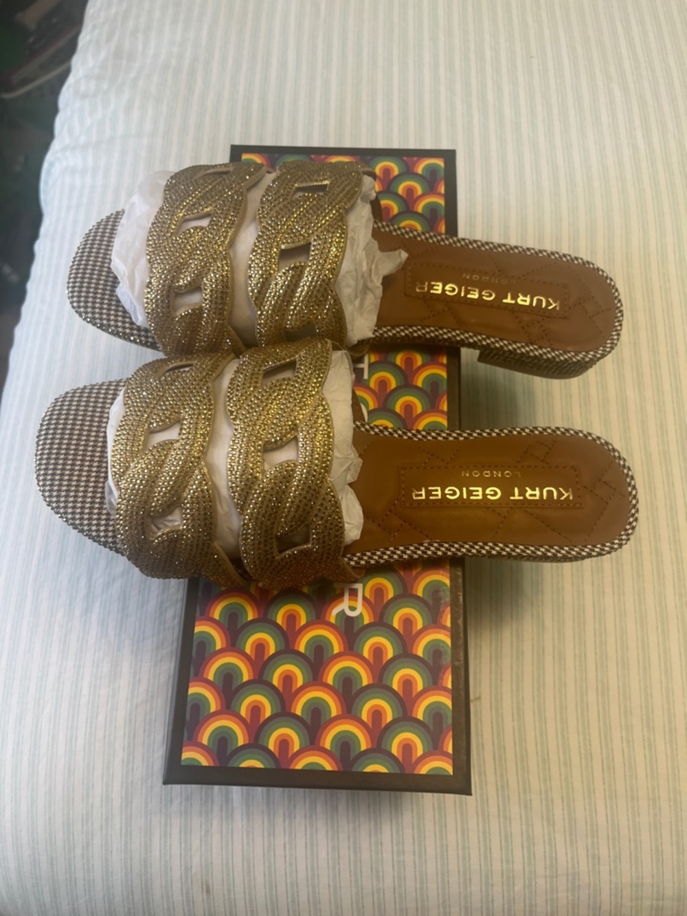 Kurt Geiger Metallic Gold Braided Chain Slide Sandals